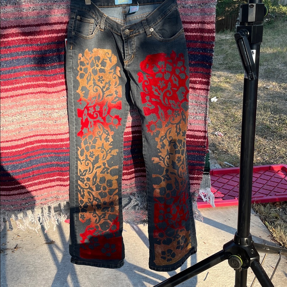 Stylish Boot Cut Jeans with Red and Brown Patterns